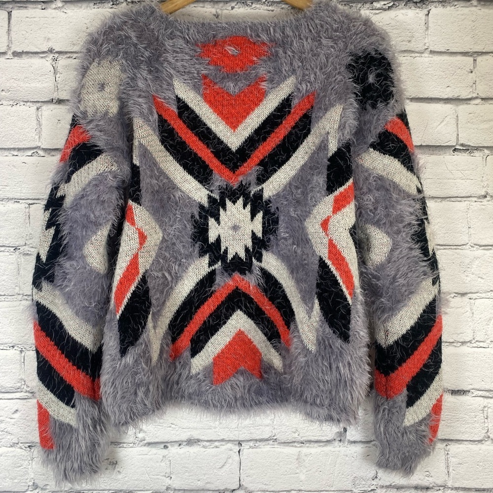 On Fire Aztec Print Eyelash Sweater size Large - Picture 6 of 10